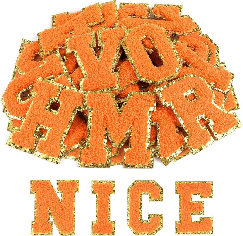 ASTARON 26 Pcs Self Adhesive Letter Patches Chenille Letters Stickers, A-Z Embroidered Applique Patches Alphabet Cloth Patch for Clothes, Bags, Hat, Phone Case, DIY Accessories (Orange) - Image 1